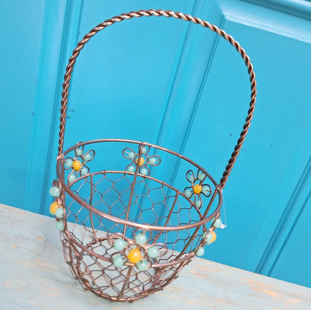 Metal Easter Basket Woven Silver Floral Beaded Flowers Boho Gifts Container